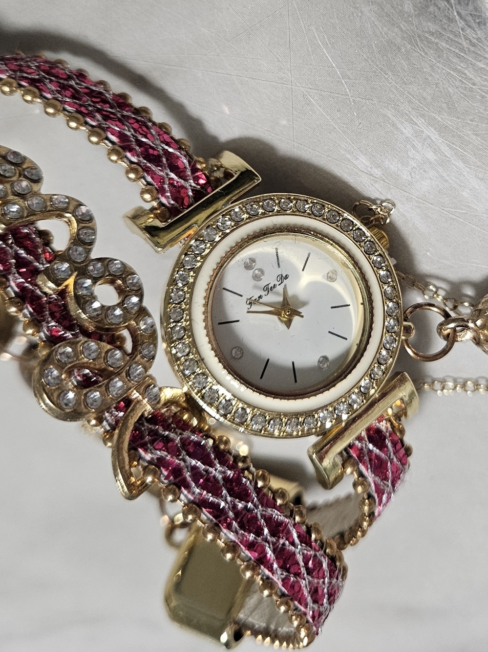 Gold-Tone Crystal Accent Women's Watch Bracelet in Pink